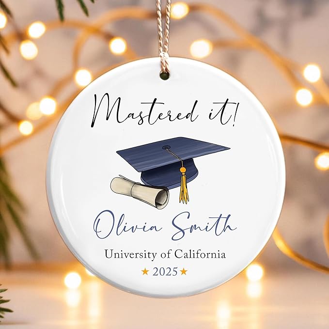 Personalized Class of 2025 Graduation Gifts, Mastered It Christmas Ornaments 2025, Master Degree Graduation Gift for Him Her, Custom Masters Degree Christmas Ornament Gifts for Women Men