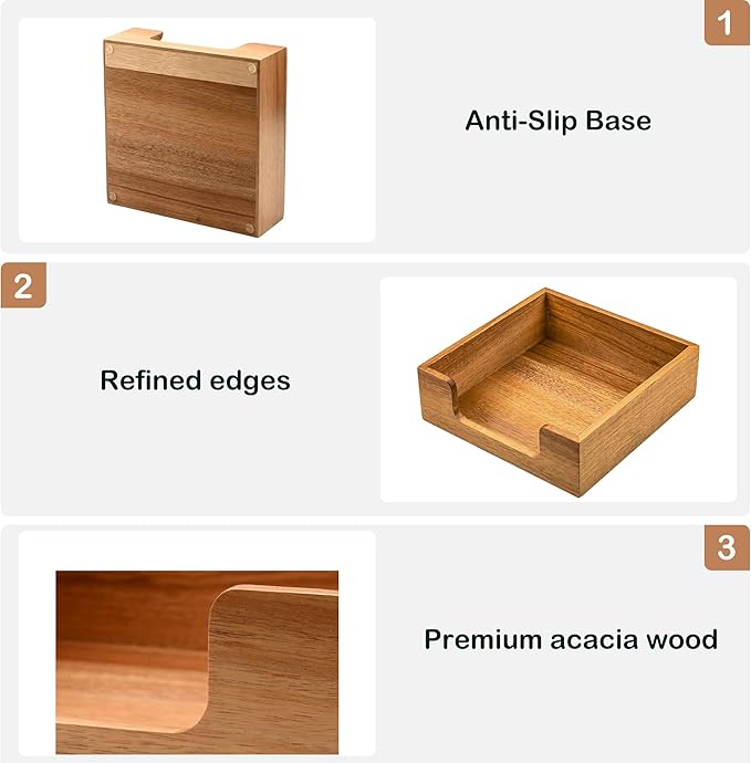 Acacia Wood Napkin Holder for Table, Farmhouse Square Napkin Dispenser with Wide Side Opening - Easy to Grab Paper Napkins for Dining Table & Kitchen Counter (7.3“x7.3"x2.3")