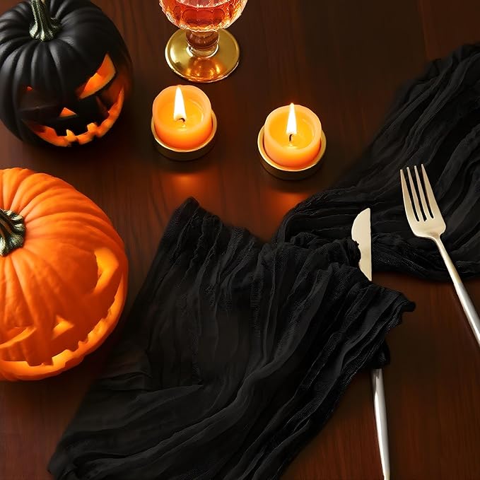 IVAPUPU 6 Pcs Cheesecloth Halloween Table Runner - 10ft Black Boho Gauze Black Cheese Cloth Table Runners for Halloween Decor Indoor Baby Shower Decoration Wedding Party Summer Garden Farmhouse
