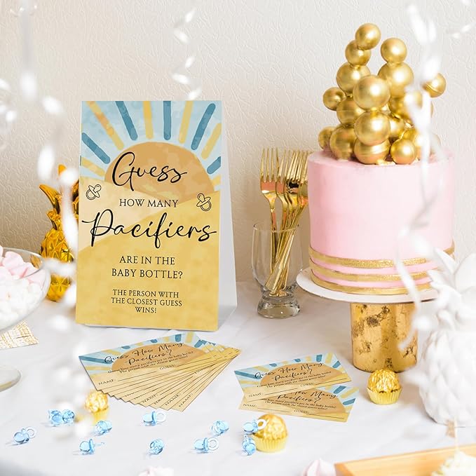 Roowest 512 Pcs Baby Shower Games Guess How Many Pacifiers Sign 100 Small Guessing Games 10 HB Pencils 750ml Milk Bottle 400 Acrylic Pacifiers Decoration for Guest Gender Reveal(Blue,The Son)