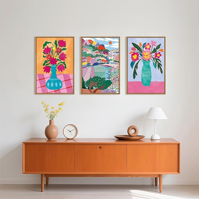 HOURIA Colorful Flower Field Landscape Framed Canvas Wall Art Set,Abstract Pink Floral Vase Wall Decor,Natural Botanical Tree Artwork,Modern Sunrise Art Prints for Living Room,Farmhouse-24 x36 x3