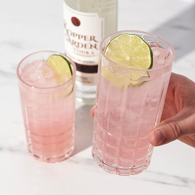 Viski Highland Highball Drinking Glasses Set of 4 - Premium Crystal Square Cut Tall Cocktail Glassware Gift Set, 12 oz