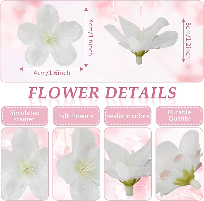 100pcs White Cherry Blossom Flowers Artificial Mini Cherry Blossom Heads Silk for Crafts DIY Wedding Party Decor(1.6 Inch)