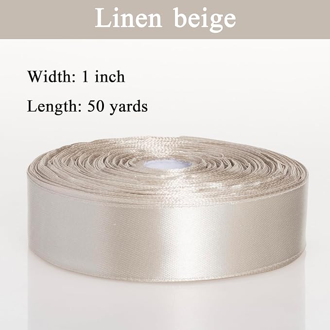 1 Inch Linen Beige Solid Satin Ribbon, 50 Yards Craft Fabric Ribbon for Gift Wrapping Floral Bouquets Wedding Party Decoration