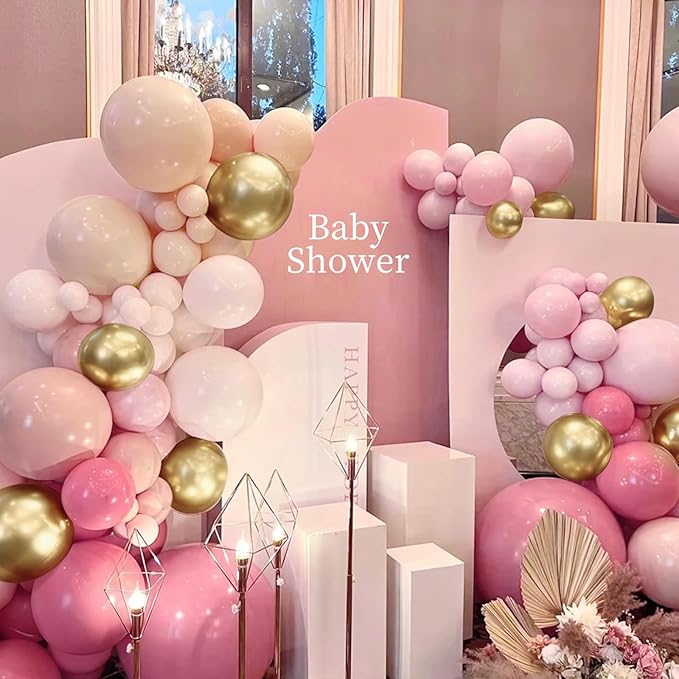 Dusty Blush Pink Nude Gold Balloon Arch Kit, 166Pcs Retro Pink Nude Metallic Gold and Macaron Light Pink Balloons for Bridal Baby Shower Girls Boho Birthday Wedding Decorations Supplies