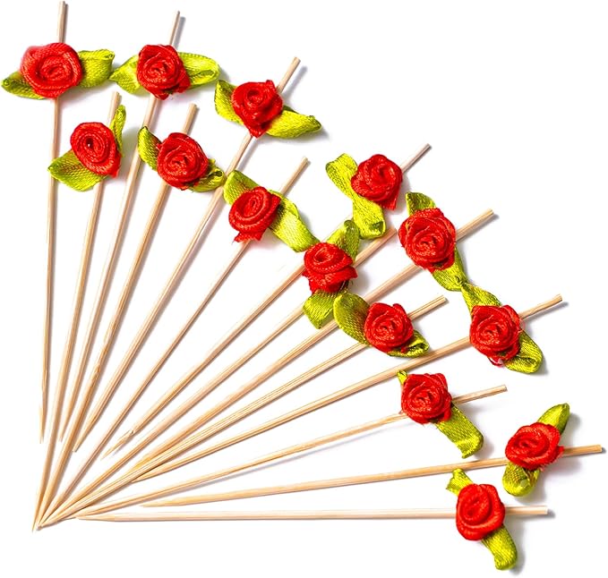 PuTwo Cocktail Picks 4.7 Inch 100pcs Bamboo Fancy Skewers Toothpicks for Appetizers Red Rose Flower Toothpicks for Food Drink Fruit Sandwich Charcuterie Boards Accessories Wedding Party Supplies