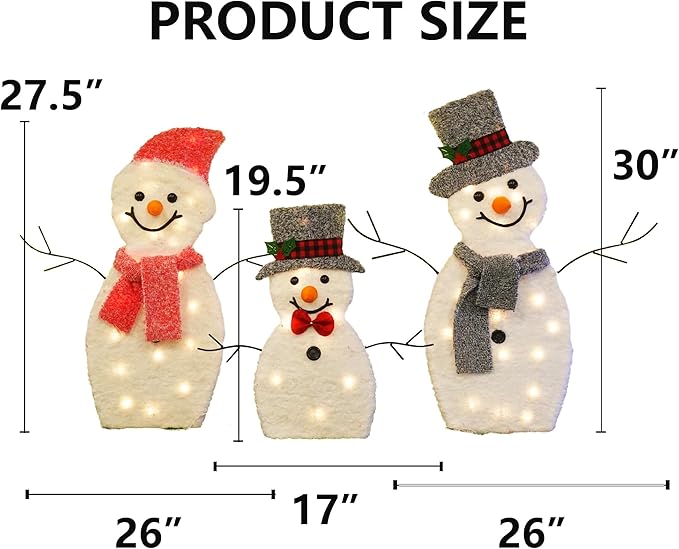 Dazzle Bright Snowman Christmas Decorations, 3-Piece Light Up 2D Snowman Family, 60 L Snowman Waterproof for Indoor or Outdoor Garden Yard Lawn Holiday Party Decor (Plush)