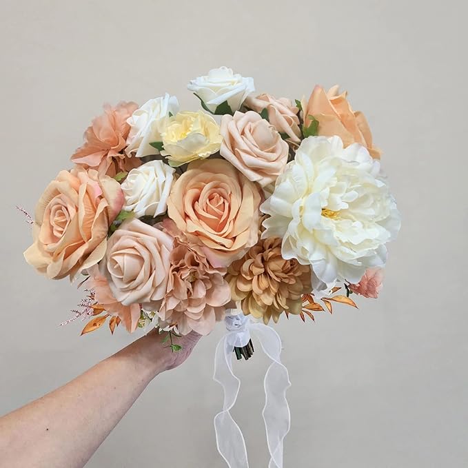 Roses Artificial Flowers Orange Bouquets Box Set Fake Flower with Stems for DIY Bridal Wedding Shower Decorations Faux Silk Floral Arrangements for Party Table Centerpieces Home Decor Indoor