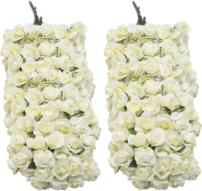 144pcs Mulberry Paper Mini Roses Artificial Flowers Heads with Stems for DIY Crafts Accessories Make Bridal Hair Clips Headbands Dress Wedding Bridal Bouquet Party Home Decor Valentine's (Ivory White)