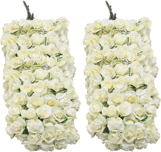 144pcs Mulberry Paper Mini Roses Artificial Flowers Heads with Stems for DIY Crafts Accessories Make Bridal Hair Clips Headbands Dress Wedding Bridal Bouquet Party Home Decor Valentine's (Ivory White)