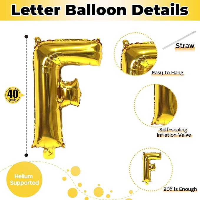 Letter Balloons Gold, 40 Inch Alphabet Name Balloon, Large Self Inflating Custom Balloon F Decor, Helium Foil Letter Name Word Balloons for Men Birthday Party Anniversary Decorations Supplies