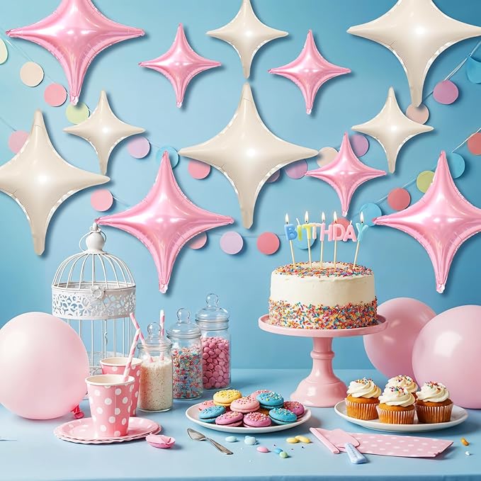 Pink White Star Balloons,12Pcs Four Angle Star Foil Balloons,26Inch and 10Inch Pink Cream White Quadrangle Helium Balloon for Birthday Baby Shower Anniversary Party Decorations
