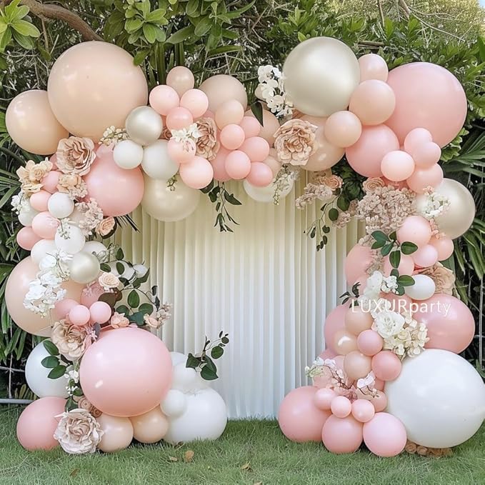 Pink White Balloon Garland Double Stuffed Pink Beige Cream Peach Pastel Balloon Arch Kit Pearl Sand White Balloons for Girl Baby Shower Birthday Wedding Anniversary Party Decoration
