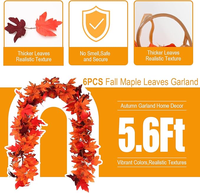 Joyhalo 6 Pack Fall Garland, Autumn Leaves Garland for Mantle Indoor Outdoor Fall Decor,Hanging Maple Leaf Foliage Vines for Fireplace, Front Door, Porch and Thanksgiving Decor