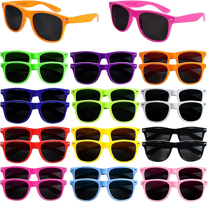 24 Pack 12 Color Neon Sunglasses Party Favors,80’s Retro Style Perfect Colorful Novelty Sun glasses Set for Birthday Party Supplies,Beach,Pool Party Favors,Party Toys,Goody Bag Favors for Kids Adults