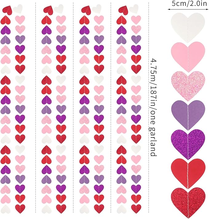 Hot-Pink Purple-Red Party-Decorations Heart-Garland - 62ft Women Girl Hanging Streamers Banner, Mothers Day Birthday Bachelorette Engagement Bridal Baby Shower Backdrop Decor Supplies Burgleda