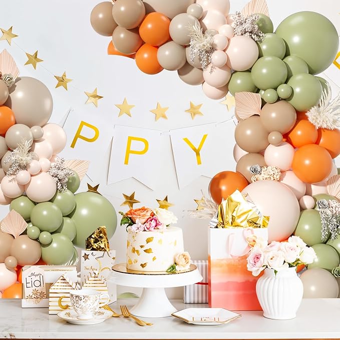 Dusty Green Orange Balloon Arch, Double Stuffed Blush Brown Cream Nude Balloon Garland Sage Green Sand White Orange Balloons for Neutral Baby Shower Wedding Birthday Gender Reveal Party Decoration