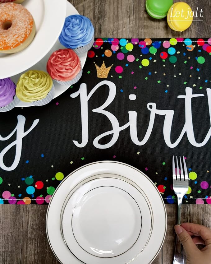 Letjolt Happy Birthday Table Runner 108 Inches Birthday Centerpieces for Tables Birth Day Party Sign Polka Dots Table Decoration, Black