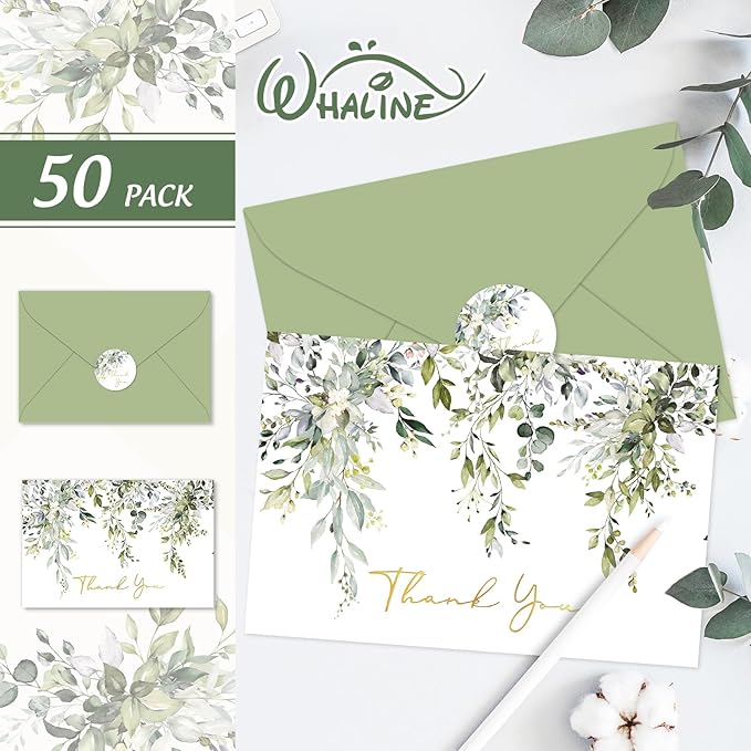 Whaline 50 Pack Greenery Thank You Cards Bulk Boxed Watercolor Eucalyptus Leaves Foil Gold Thank You Note Cards with Envelope Sticker for Thanksgiving Wedding