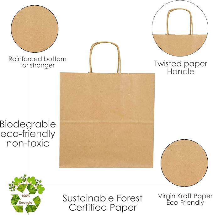 JET PAPER BAGS - 10”x5”x10” Inch [50 Pcs] Medium Brown Paper Bags with Handles Prime for Takeout, Grocery, Goody, Retail, Party, Gifts, Weddings - Recyclable Kraft Paper Gift Bags with Handles