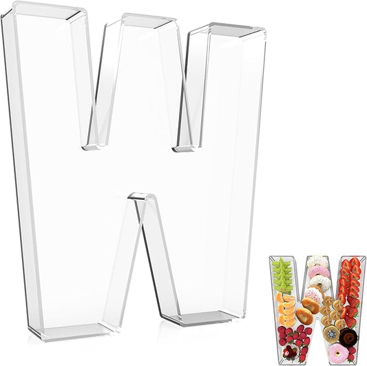 13.8" Extra Large Acrylic Letter Charcuterie Board Box, Reusable Fillable Letter Cake Candy Dish Display Serving Tray for Birthday Anniversary Party Decoration (W)
