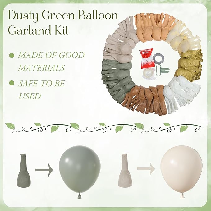 Amandir 173Pcs Dusty Green Nude Balloon Arch Garland Kit, Blush Cream White Sand Avocado Green Brown Gold Confetti Balloons for Neutral Baby Shower Gender Reveal Wedding Birthday Party Decorations