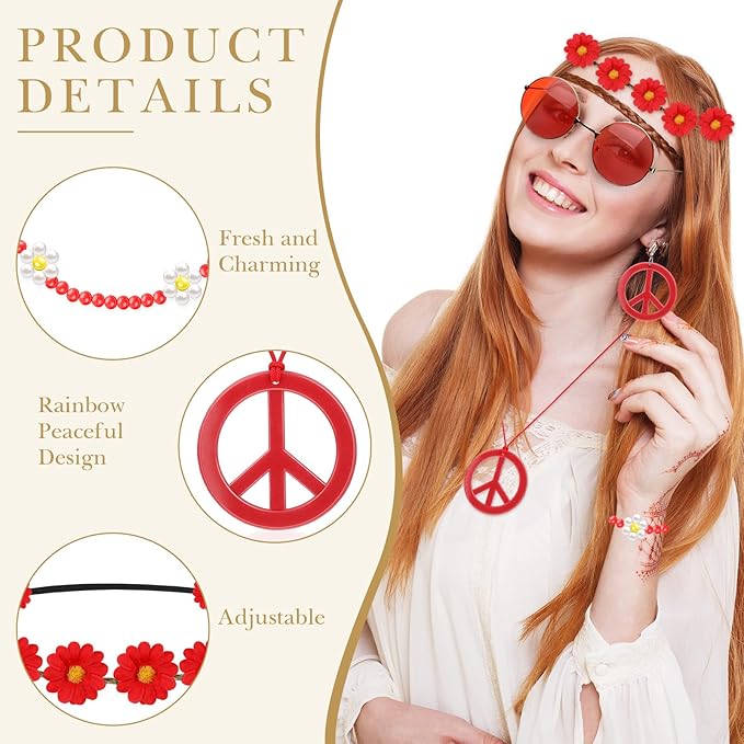 Batiyeer 6 Pcs Hippie Costume Accessories Set, Boho Peace Sign Daisy Flower 60s 70s Party Favors Decor for Groovy Party Women(Red)