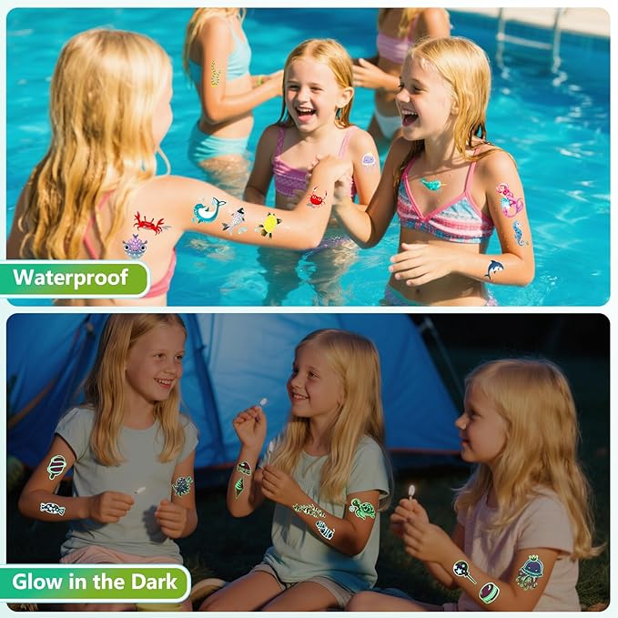 350+ Kids Themed Designs Temporary Tattoos for Girls - Individually Wrapped, Glow in the Dark, Waterproof Fake Tattoos - Multiple Themes: Mermaid, Unicorn, Dinosaur, Princess, Fairy, Animal, Butterfly