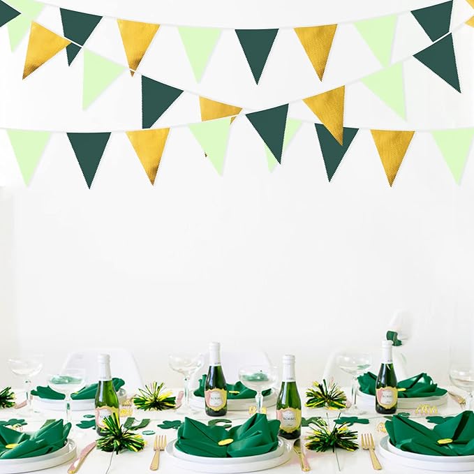 32Ft Dark Green and Gold Decorations Olive Green and Gold Triangle Flag Fabric Banner Pennant Bunting Garland Streamers for Wedding Baby Shower Birthday Home Nursery Outdoor Garden Party Decoration
