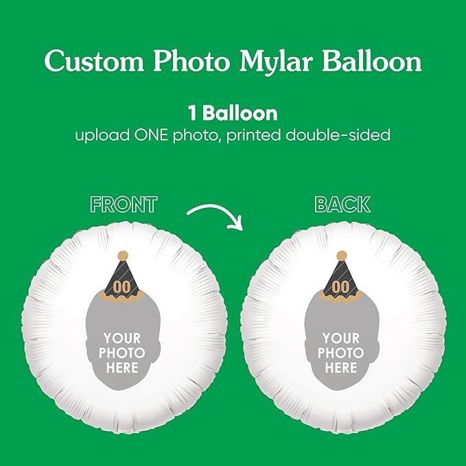 Big Dot of Happiness Personalized Adult Happy Birthday Black & Gold Cone Hat Fun Face Photo Balloon, Kids Birthday Party Decorations, Custom Double-Sided Circle Mylar, 1 Piece