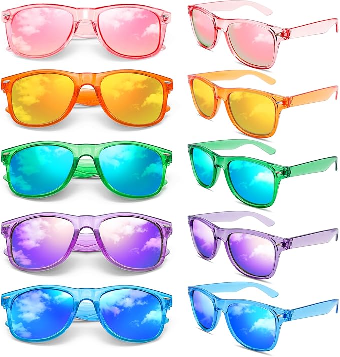 Matcheck 10/18 Pack Neon Colors Party Sunglasses Mirrored lens Colored Glasses Bulk Retro Shades for Unisex Adults Teens