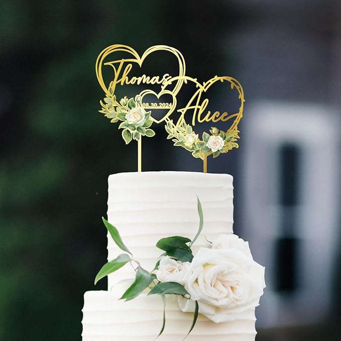 Personalized Hearts Wedding Cake Topper in Acrylic and Wood Custom Bride Groom Names and Wedding Date White Floral Design Cake Decoration