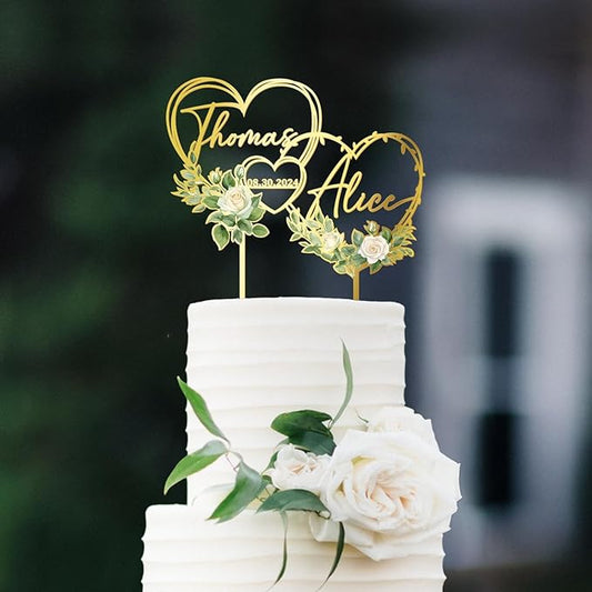 Personalized Hearts Wedding Cake Topper in Acrylic and Wood Custom Bride Groom Names and Wedding Date White Floral Design Cake Decoration