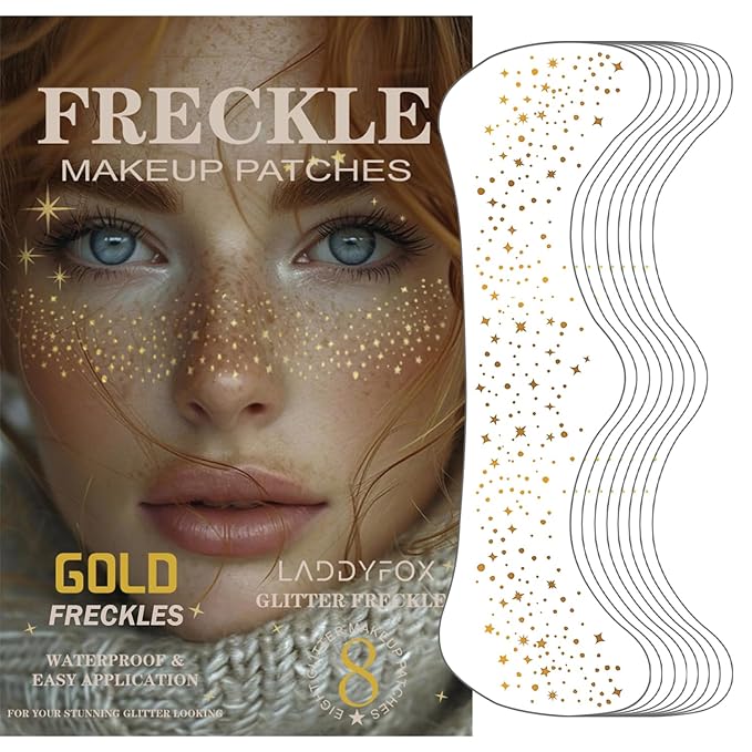 8 Pcs Gold Face Makeup Patches, Gold Glitter Freckles Face Tattoo, Glitter Freckles, Sparkle Makeup Patches, Waterproof Face Glitter Temporary Tattoos for Women