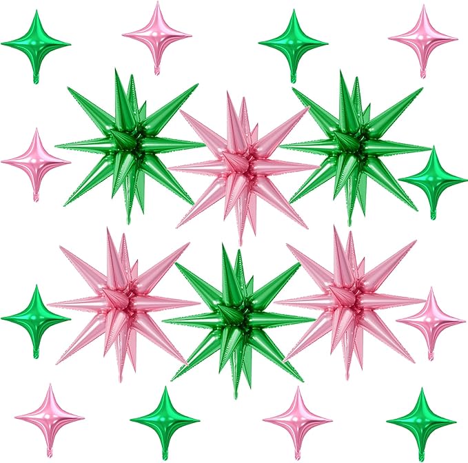18 Pcs Pink Green Star Balloons, Green and Pink Balloon with 6 Pcs 22-Inch Explosion Star Balloons 12Pcs 10-Inch Four Pointed Stars Foil Balloon for Wedding Forest Spring Birthday Party Decor