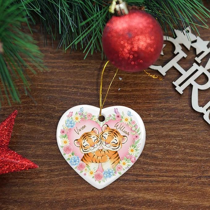 Mr & Mrs Tiger Ceramic Xmas Ornament, Custom Names Couples Tiger Engaged Christmas Ornament, Personalized Couples Animals Floral with Butterfly Ornaments, Keepsake Gift for Wedding Anniversary