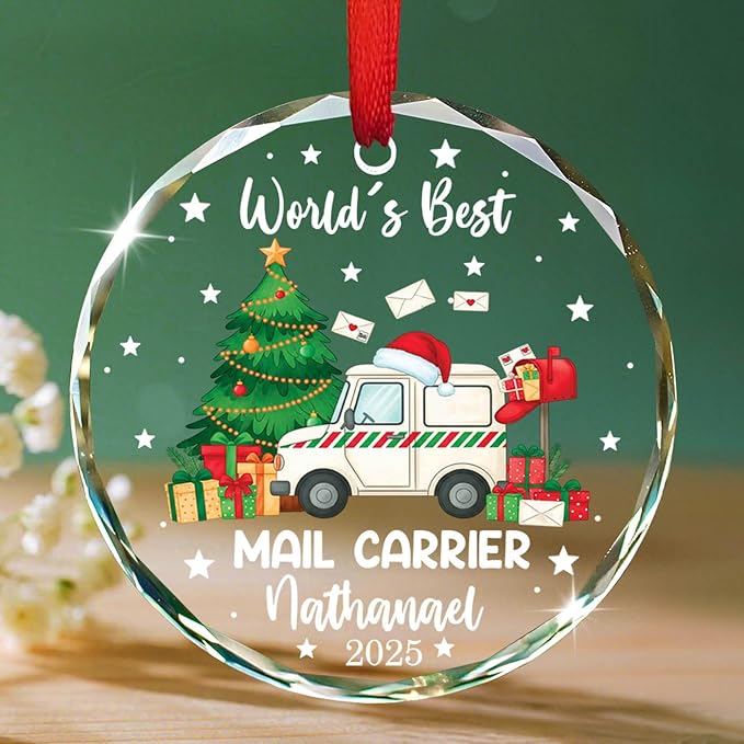 Personalized World's Best Mail Carrier Christmas Glass Ornament 2025, Mail Truck Christmas Tree Decoration Ornaments, Custom Name & Year Ornament Xmas Gifts for Postal Worker, Mailman Keepsake