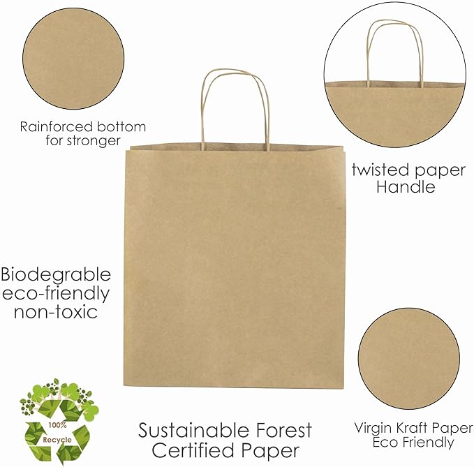 JET PAPER BAGS - Brown Paper Bags with Handles 11x7x12 Inch [25 Pcs] Prime for Takeout, Grocery, Goody, Retail, Party, Gifts, Weddings
