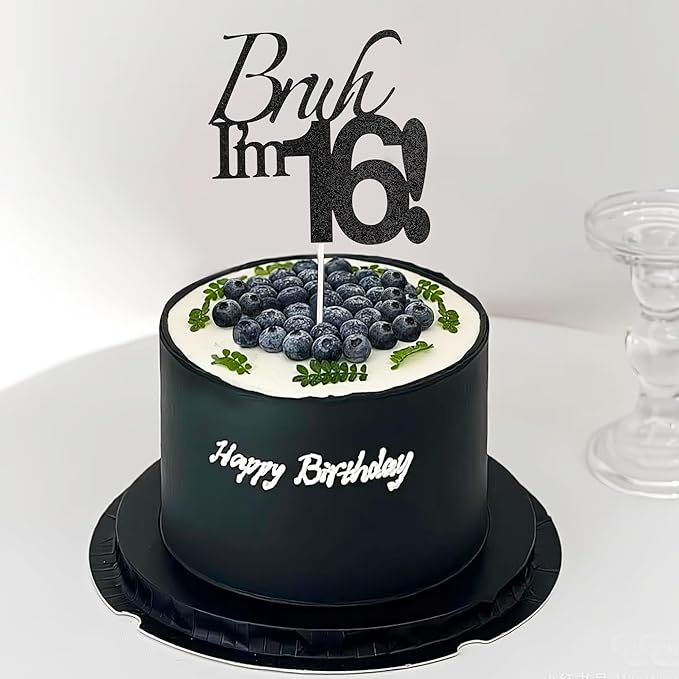 Bruh I'm 16 Cake Topper - Black Glitter Happy 16th Birthday Decorations for Boys Teens, Funny 16 Year Old Party Supplies, Bro I'm 16 Cake Decor (Bruh I'm 16！, 16th)