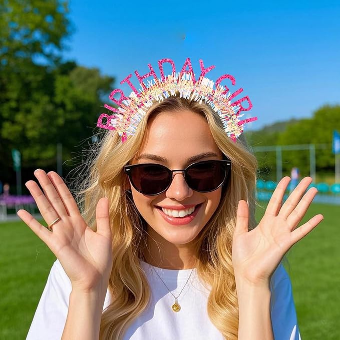 Jaciya Birthday Girl Glitter Headband for Women Girls Sparkling Hot Pink Party Hair Accessories with Confetti Tinsel