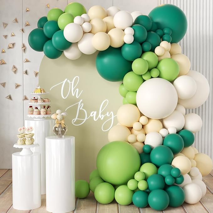 Dusty Green White Balloon Arch Garland Kit, 166Pcs Dark Mint Green Ivory White Balloons for Birthday Baby Shower Anniversary Jungle Safari Party Decorations