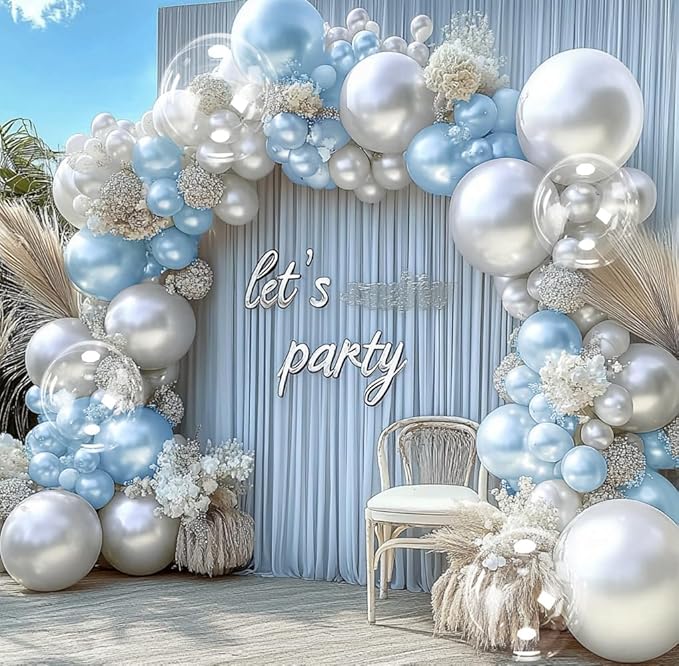 Pearl Silver Balloon Arch Double Stuffed Pearl Metallic Silver Balloon Garland Kit Different Sizes 12/10/5in With Clear Bobo Balloons for Birthday Wedding Bridal Baby Shower Graduation Party Decor