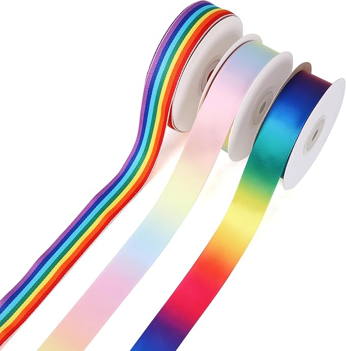 1 inch 25 Yards Light Rainbow Ribbon, Wide Single Face Shiny Satin Roll, Ribbon for Gift Wrapping, Wedding Decor, Pride Birthday Party Decoration & DIY Crafts