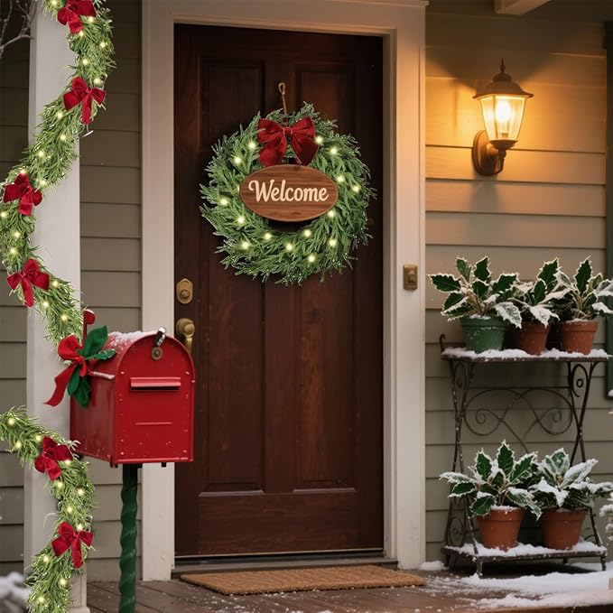 6ft Christmas Garland with Lights,Lighted Norfolk Pine Garland for Mantle,Prelit Real Touch Artificial Green Christmas Winter Garland with Large Burgundy Velvet Bow for Indoor Outdoor Decor