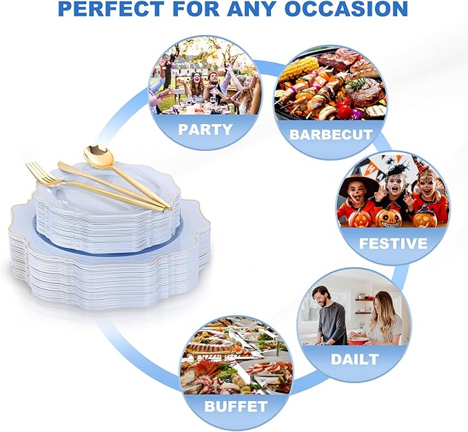 WDF 175Pcs Blue Plastic Plates - Heavy Duty Baby Blue Plates Disposable - 25Guests Plastic Dinnerware Ideal for Parties/Wedding/Baby Shower