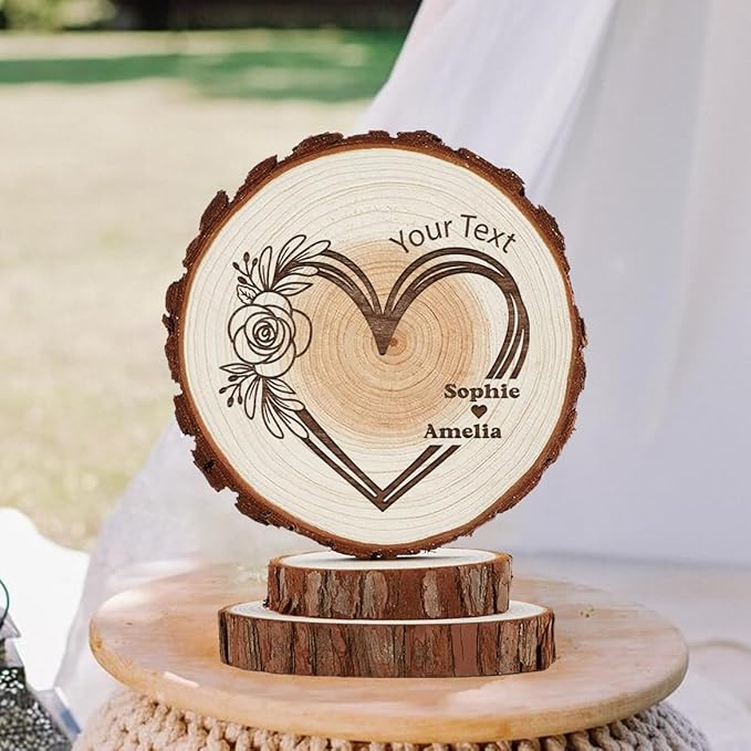 Personalized Rustic Wedding Cake Topper in Wood Custom Wedding Cake Topper with Names & Date Love Heart Shape Wooden Decorations Handmade Wood Slices Engarved with Couple Name Roses Flowers