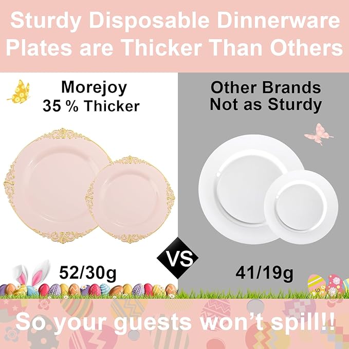 Morejoy 175pcs Pink Plastic Plates - Pink and Gold Disposable Plates, 10.25 inch Plastic Dinner Plates, Perfect for Wedding & Party & Holiday
