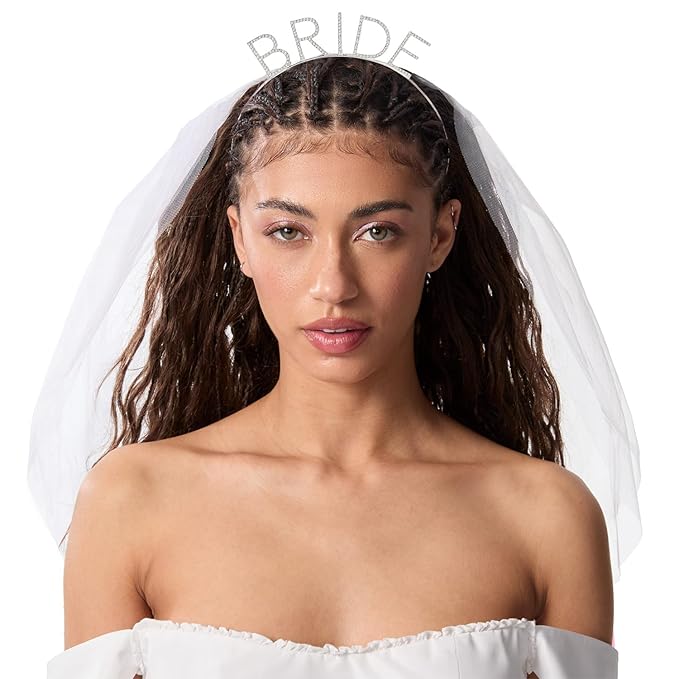 xo, Fetti Bride Rhinestone Headband with Detachable Veil | Bachelorette Party Decorations, White Headpiece Bridal Shower Gift, Bridesmaid Favors, Engagement Accessory