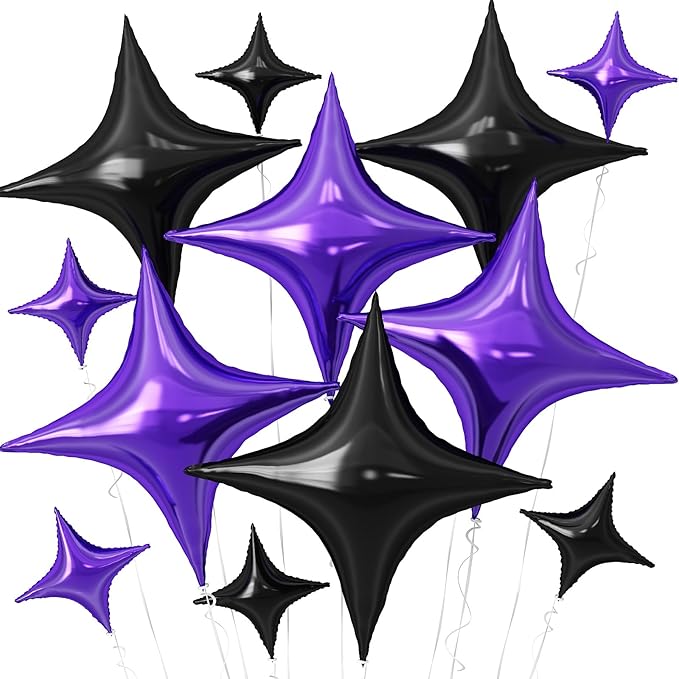 Black Purple Star Balloons,12Pcs Four Angle Star Foil Balloons,26Inch and 10Inch Black Purple Quadrangle Helium Balloon for Halloween Birthday Baby Shower Anniversary Party Decorations