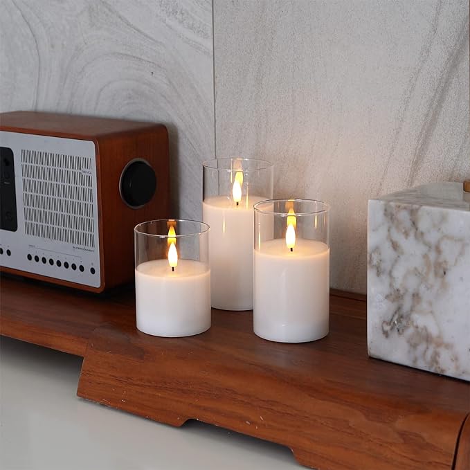 Amagic Clear Glass Flameless Candles Battery Operated with Timer, Remote Control, LED Pillar Candles, Battery Powered, Pure White Wax, Set of 3